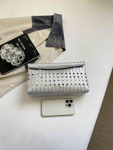 純色 PU 皮革輕量大容量翻蓋磁扣小方包，多功能派對與晚餐包，適合女性 - 銀色 - 查看 3