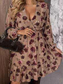 1pc Vintage Floral Print Woven Fabric Cross Long Sleeve Cinched Waist Ruffle Hem Dress, Suitable For Daily Commute, Date, Party, Autumn - Khaki - View 5