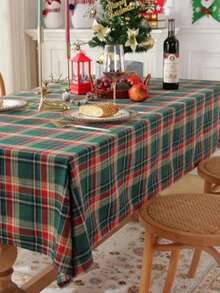 1pc Christmas Red & Green Plaid Tablecloth, Home Dining Table Decor Cloth, Christmas Party Atmosphere Table Mat - Green - View 2