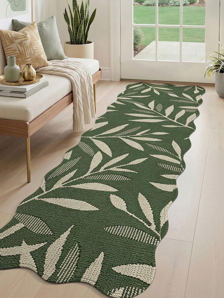 DAJIANG 1pc 3D Printed Woven Long Strip Rug, Leaf Pattern Vintage Green, Kitchen Rug, Long Hallway Runner, Floor Mat, Suitable For Bathroom, Kitchen, Outdoor Hallway, Bedroom, Living Room, Machine Washable, Easy To Clean, Non-Slip Entryway Rug, Bedroom Autumn Decor Accessory