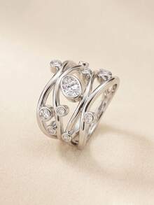 1pc Silver Multi-Layer Wavy Ring With Oval Zirconia And Geometric Lines, Fashion Jewelry, Suitable For Women's Wedding Party Wear Or Holiday Gift - Silver - View 4