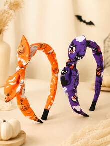 2pcs Halloween Girls Rabbit Ear Headbands, Pumpkin Ghost Bat Black Witch Skull Printed Fabric Headbands, Party & Daily Hair Accessories - Multicolor - View 7