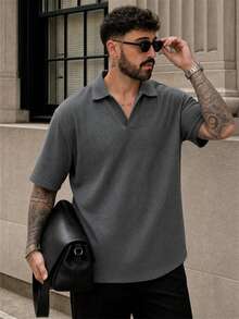 Lookun Men's Polo Shirt, Polo Collar, Short Sleeve, Knitted, Loose Fit, Dropped Shoulder, Commuter Style, V-Neck, Short Sleeve Top, Spring/Summer - Dark Grey - View 2