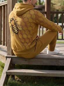 Men's Autumn/Winter Casual Comfortable Bee Print Hoodie & Sweatpants Set - Multicolor - View 2