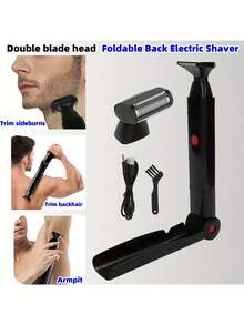 Professional Back Shaver With 2 Shock-Absorbing Elastic Heads, USB Rechargeable Men's Body Hair Trimmer, Long-Handled Back Shaver Designed For Men - Black - View 2