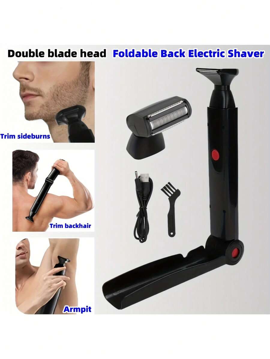 Professional Back Shaver With 2 Shock-Absorbing Elastic Heads, USB Rechargeable Men's Body Hair Trimmer, Long-Handled Back Shaver Designed For Men