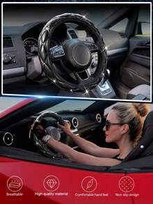Women's Shiny Rhinestone PU Leather Car Steering Wheel Cover, Fits 14.5-15 Inch Steering Wheels, Breathable Anti-Slip All-Season Design, No Inner Ring, Easy Installation, Universal Car Interior Accessory - Style a - View 3