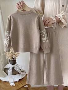2pcs/Set 1pc Sweater Rajut Pullover Polos Elegan Motif Bunga Bordir untuk Anak Perempuan dan 1pc Celana Rajut Polos, Cocok untuk Pakaian Kasual Sehari-hari di Musim Semi, Gugur, dan Dingin - Coklat - View 6