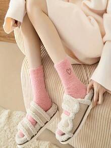 1/3/5 Pairs Per Pack, Thickened Warm, Cute Solid Color, Heart And Bow Patterns Available, Suitable For Spring, Autumn, Winter Wear. Simple Solid Color Mid-Calf Socks, Ideal Gift For Women On Christmas, Valentine's Day And Mother's Day. - Multicolor - View 1