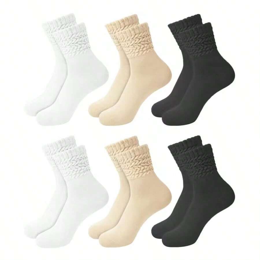 3 Pairs Women's Vintage Slouch Mid-Calf Socks, Exquisite Twisted Knit Socks, Simple Solid Black, White, Beige Three Colors, Soft Korean Style. Soft And Skin-Friendly, Breathable Casual Sports Long Socks, High Elasticity Cuff Fits Ankle, Non-Slip. Suitable For Daily Commute - Multicolor - View 1