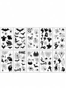 10 Sheets 98pcs Halloween Black Bat Spider Web Ghost Pattern Temporary Tattoo Stickers, Suitable For Party Temporary Makeup - Multicolor - View 2