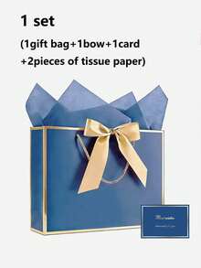 Gift Set For Her/Him 1pc/2pcs, Includes Gold Ribbon, Tissue Paper And Blue Gift Bag, Blue Gift Bag With Gold Trim And Handle, Paper Gift Bag, Shopping Bag, Gift Bag With Bow Ribbon, Suitable For Wedding, Birthday, Valentine's Day, Christmas - Multiple Styles - View 10