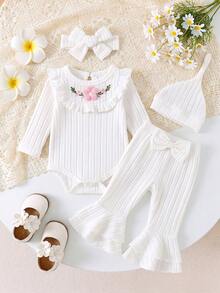3pcs/Set Baby Girl Long Sleeve Ribbed 3D Embroidered Ruffle Trim Bodysuit + Korean Style Flare Pants Set, Spring/Autumn Gentle Princess Style Casual Outfit - Multicolor - View 1