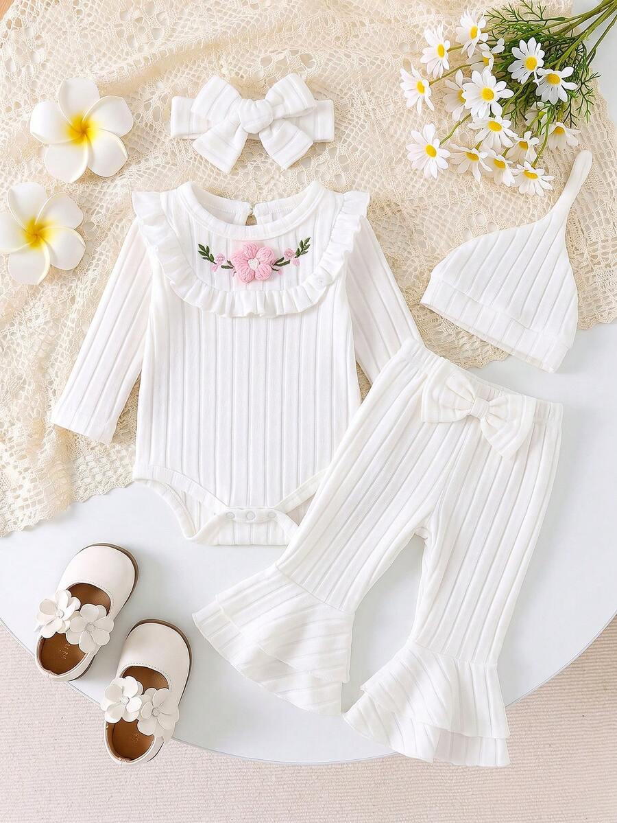 3pcs/Set Baby Girl Long Sleeve Ribbed 3D Embroidered Ruffle Trim Bodysuit + Korean Style Flare Pants Set, Spring/Autumn Gentle Princess Style Casual Outfit - Multicolor - View 1