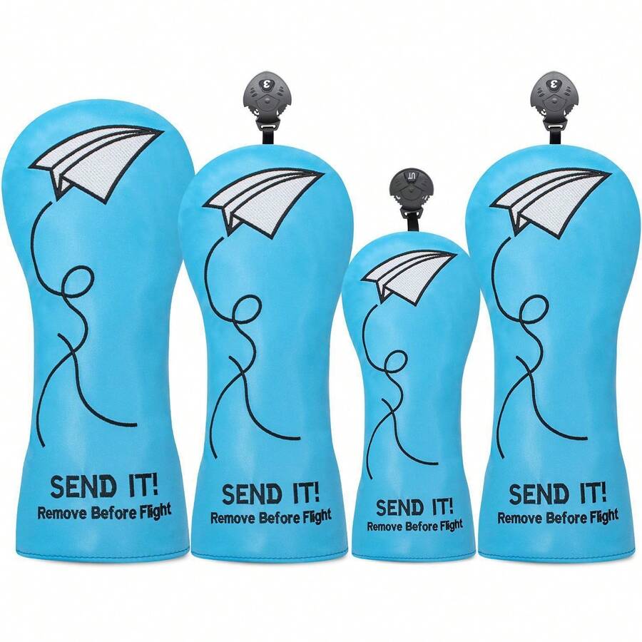 Golf Headcover Set For Driver, Fairway Wood And Hybrid, Blue Embroidered Paper Airplane Design, Club Covers With Adjustable Number Tags - D - View 1