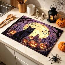 1pc Dish Drying Mat, Coffee Machine Mat, Halloween Black Cat Theme Dish Drying Mat, Vintage Moon Night Ghost Pumpkin Pattern, Suitable For Holiday Tabletop Decoration, Vintage Atmosphere Home Decor, Multi-Purpose Drying Mat, Family Gift, Tabletop Decoration - XYLSD-998 - View 3