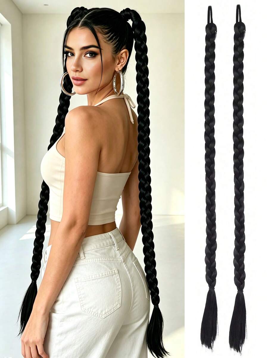 2pcs Extra Long Braided Ponytail Hair Extensions, Includes Hairband, Natural Soft, Suitable For Women Daily Wear, 36 Inch, Black - Black - View 1