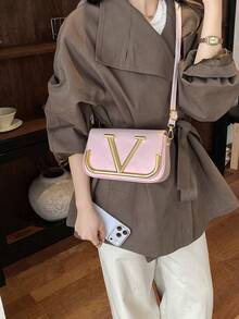 SHIMEINI Solid Color PU Square Bag, Metal Letter Hardware Decor, Fashionable Crossbody Bag, Stylish Women's Shoulder Bag - Pink - View 3
