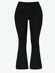 Women's Plus Size Basic Fashion Black Knit High Elasticity Long Flare Pants - Black - View 5