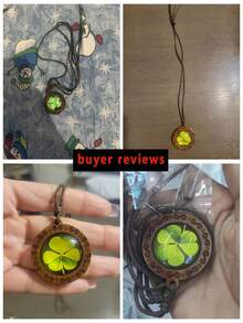1 buah Liontin Daun Semanggi, Liontin Kayu Daun Semanggi Hijau Keberuntungan, Kalung Rantai Tali, Unisex - Gaya 2 - View 4