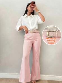 Women's Minimalist Design Flared Leg Casual Trousers, Suitable For Commuting, Office, Daily Wear, All Seasons Spring Pink Fall - Pink - View 5
