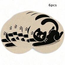 1/4/6pcs Minimalist Cartoon Black Cat Hand-Painted Pattern Placemats, Suitable For Home Kitchen, Made Of Polyester Fiber, Kitchen Table Decoration And Party Scene Decoration - Multicolor - View 12