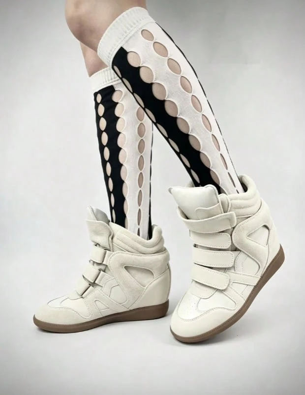 New 2026 Women's Casual Sneakers With Hidden Wedge, High-Top, Combined, Flat - Vintage White - View 1