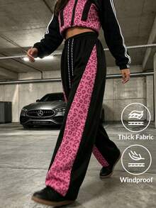 Women's Pink Leopard Print Side Patchwork Wide Leg Sweatpants, Drawstring Waist Elastic Fit Y2K Street Style Casual Sports Long Pants - Pink - View 1