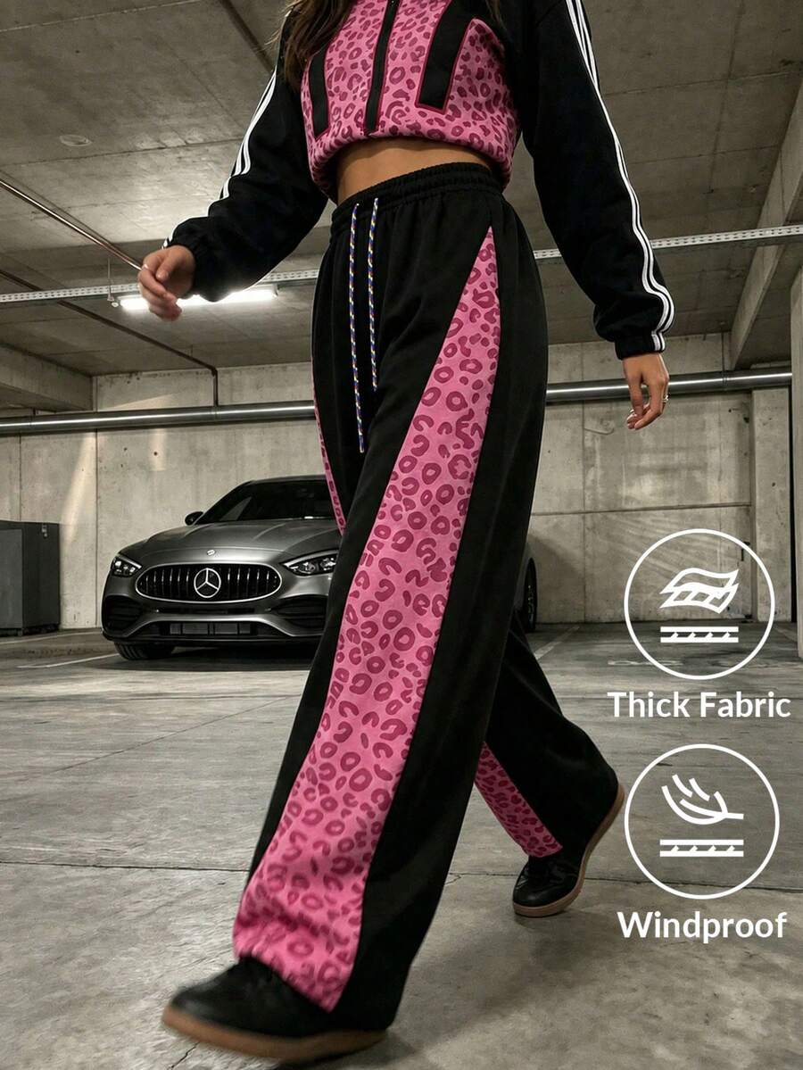 Women's Pink Leopard Print Side Patchwork Wide Leg Sweatpants, Drawstring Waist Elastic Fit Y2K Street Style Casual Sports Long Pants - Pink - View 1