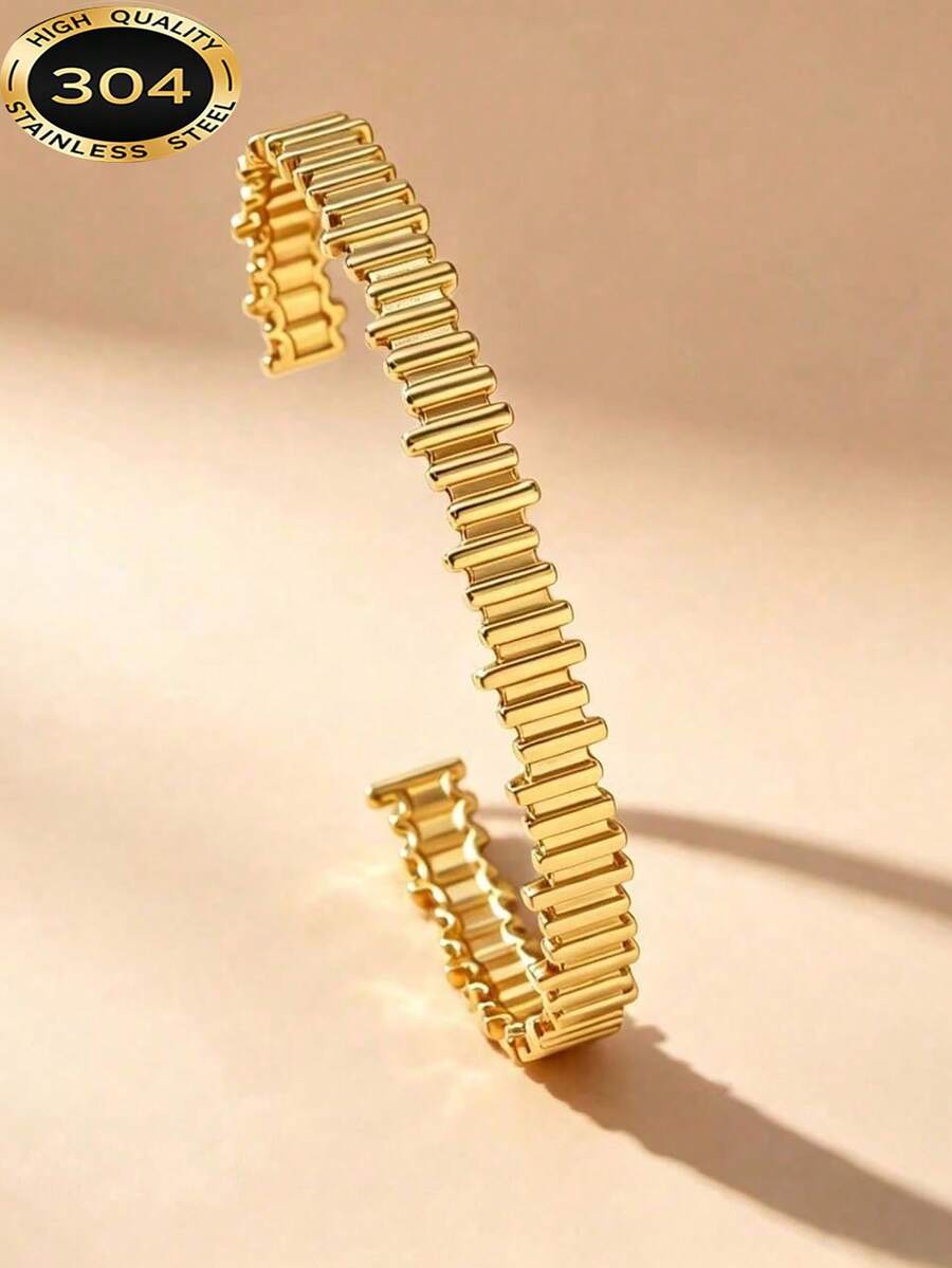 1pc Bohemian Style Asymmetrical Geometric Line & Gear Stainless Steel Bracelet, Suitable For Women's Party & Holiday Wear - Multicolor - View 1