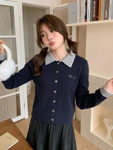 Women's Preppy Style 2 In 1 Knit Cardigan Sweater Jacket, Striped Patchwork Design, Elegant Autumn/Winter Top Fall - Royal Blue - View 4