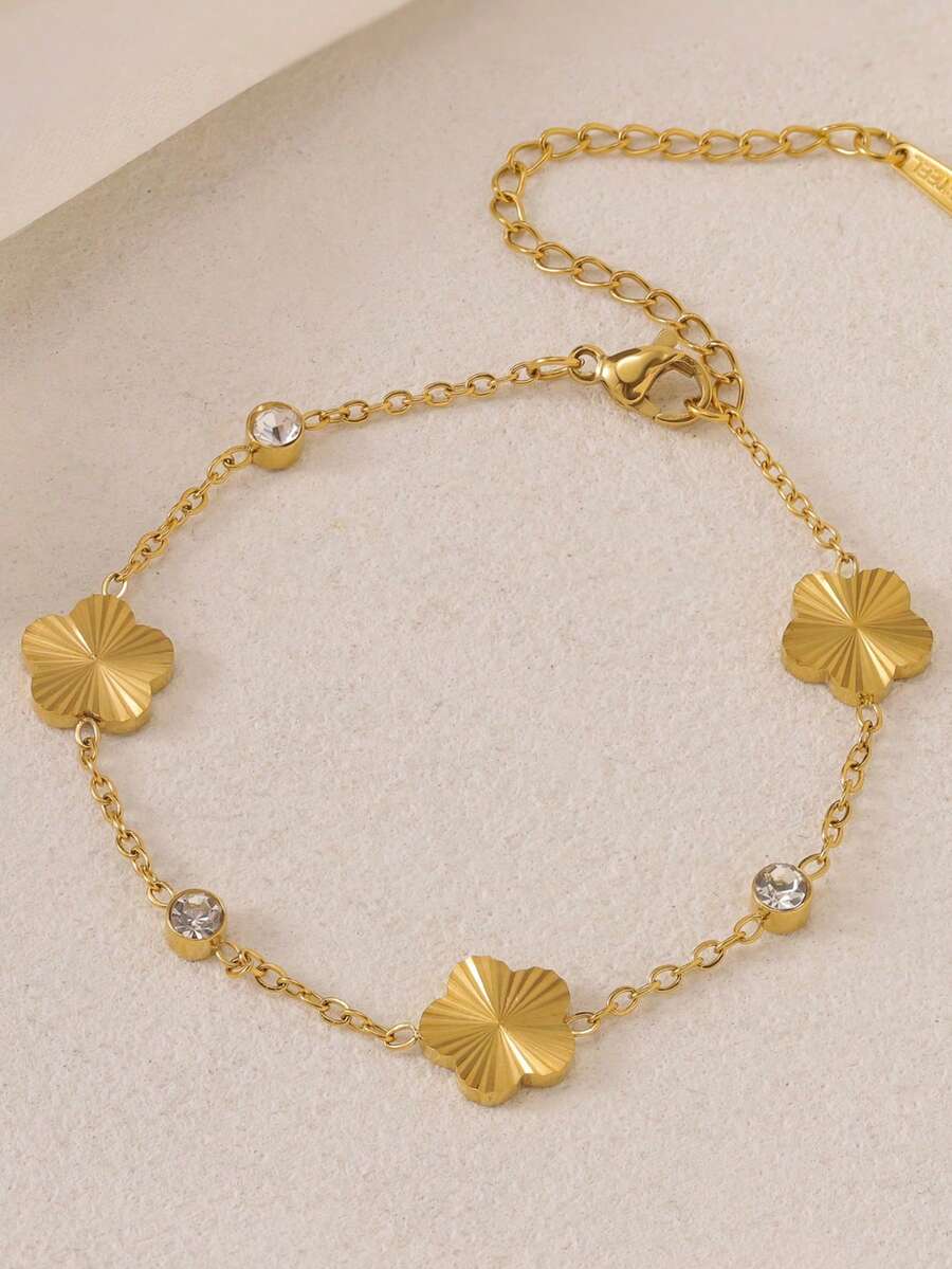 1pc Minimalist Exquisite Niche Luxury Clover & Five-Petal Flower Bracelet - Gold - View 1
