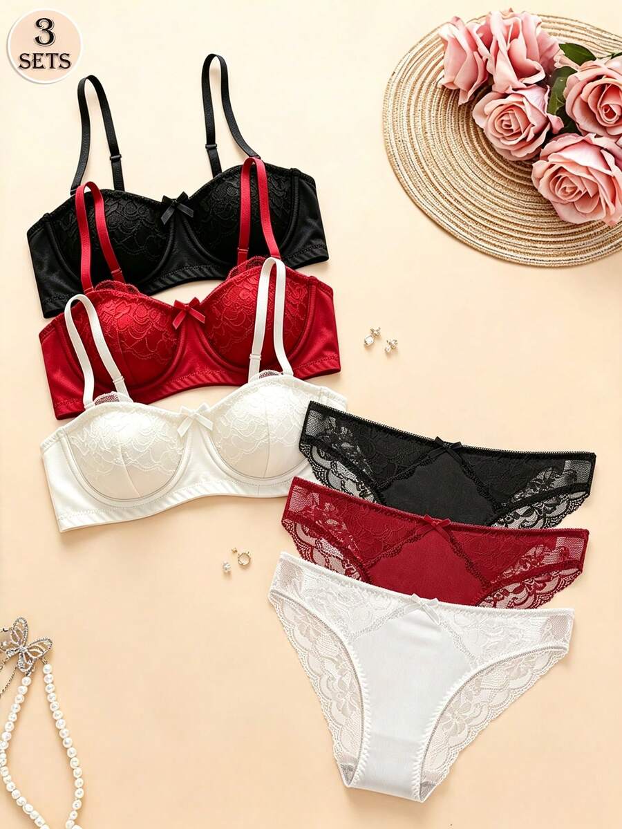 3 Sets Women Floral Lace Bra & Panty Lingerie Sets, Removable Straps Balconette Bra With Bow Decor, Matching Lace Briefs Intimate Underwear - Multicolor - View 1