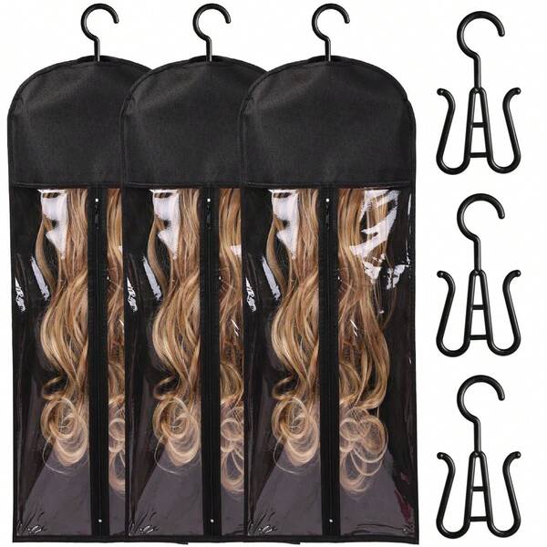 1/3 Set Non-Woven Fabric Wig Storage Bags With Hooks And Transparent Windows - Dust-Proof Portable Wig Care Storage Bags, Suitable For Hair Extensions And Travel, PVC Dust-Proof Cover Wig Storage Bags, Can Be Hung On Hangers - Durable Multi-Wig And Accessories Storage Bags, Halloween