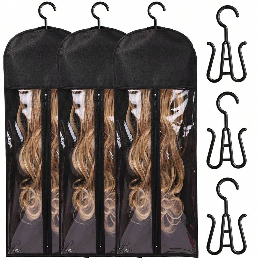 1/3 Set Non-Woven Fabric Wig Storage Bags With Hooks And Transparent Windows - Dust-Proof Portable Wig Care Storage Bags, Suitable For Hair Extensions And Travel, PVC Dust-Proof Cover Wig Storage Bags, Can Be Hung On Hangers - Durable Multi-Wig And Accessories Storage Bags, Halloween