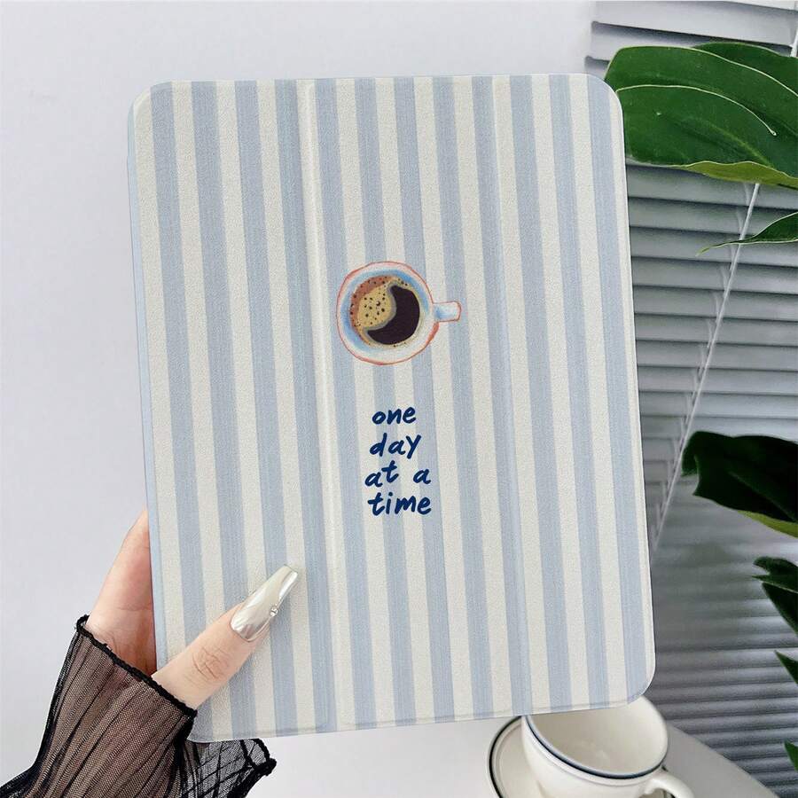 1pc Light Blue & Beige Vertical Striped Quote Print Protective Case, With Pen Slot, Multi-Angle Magnetic Stand, Auto Sleep/Wake Support, Tablet Protective Shell, Compatible With IPad PRO/AIR, Pad 5/6/7, MatePad