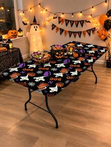 1pc Halloween Elastic Rectangular Tablecloth, Full Moon Haunted House Pumpkin Ghost Print, Outdoor Patio Party, Halloween Popular Decoration, Holiday Banquet Table Protector - A - View 13