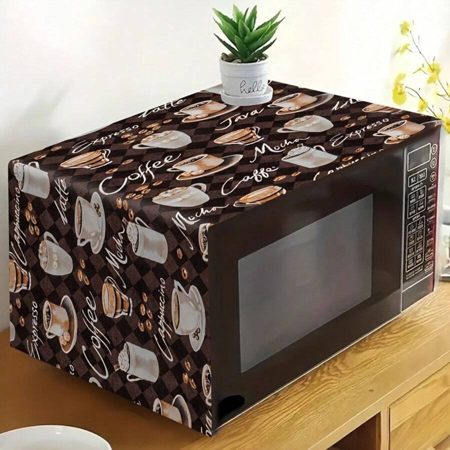 1pc Microwave Cover, 35 X 85cm Brown Coffee Cup Microwave Dust Cover, Polyester Dust Cover, Home Kitchen Microwave Dust Cover, Perfect For Kitchen Decor And Appliance Protection, Oven Dust Cover - Multicolor - View 1