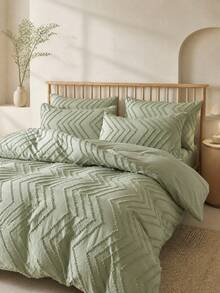3-Piece Green Reversible Quilted Geometric Pattern Duvet Cover Set (1 Duvet Cover + 2 Pillow Shams, Pillow Inserts Not Included), Soft Dual-Color Design, Suitable For Bedroom, Guest Room, Dormitory And More - Green - View 2