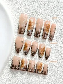 10 piezas de uñas postizas de estilo soñador con mariposa de tono oscuro, set de arte de uñas de poligel, diseño de flor de tres pétalos, esmalte de uñas marrón, estilo de mariposa caramelo, incluye herramientas para uñas, 3 tamaños disponibles, forma almendra/pato/ataúd, adecuado para fiesta, baile, uso diario - Multicolor - Ver 1