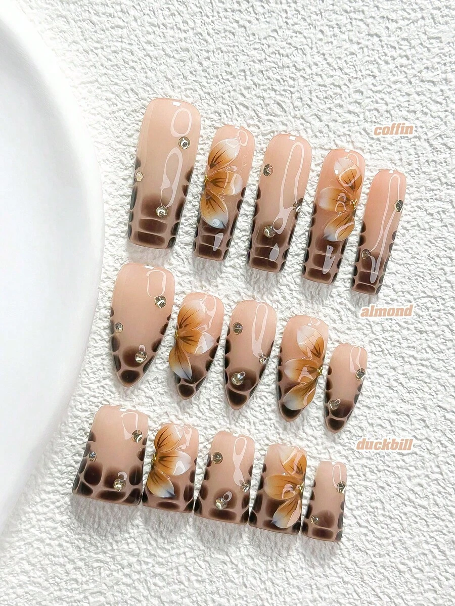 10 piezas de uñas postizas de estilo soñador con mariposa de tono oscuro, set de arte de uñas de poligel, diseño de flor de tres pétalos, esmalte de uñas marrón, estilo de mariposa caramelo, incluye herramientas para uñas, 3 tamaños disponibles, forma almendra/pato/ataúd, adecuado para fiesta, baile, uso diario - Multicolor - Ver 1