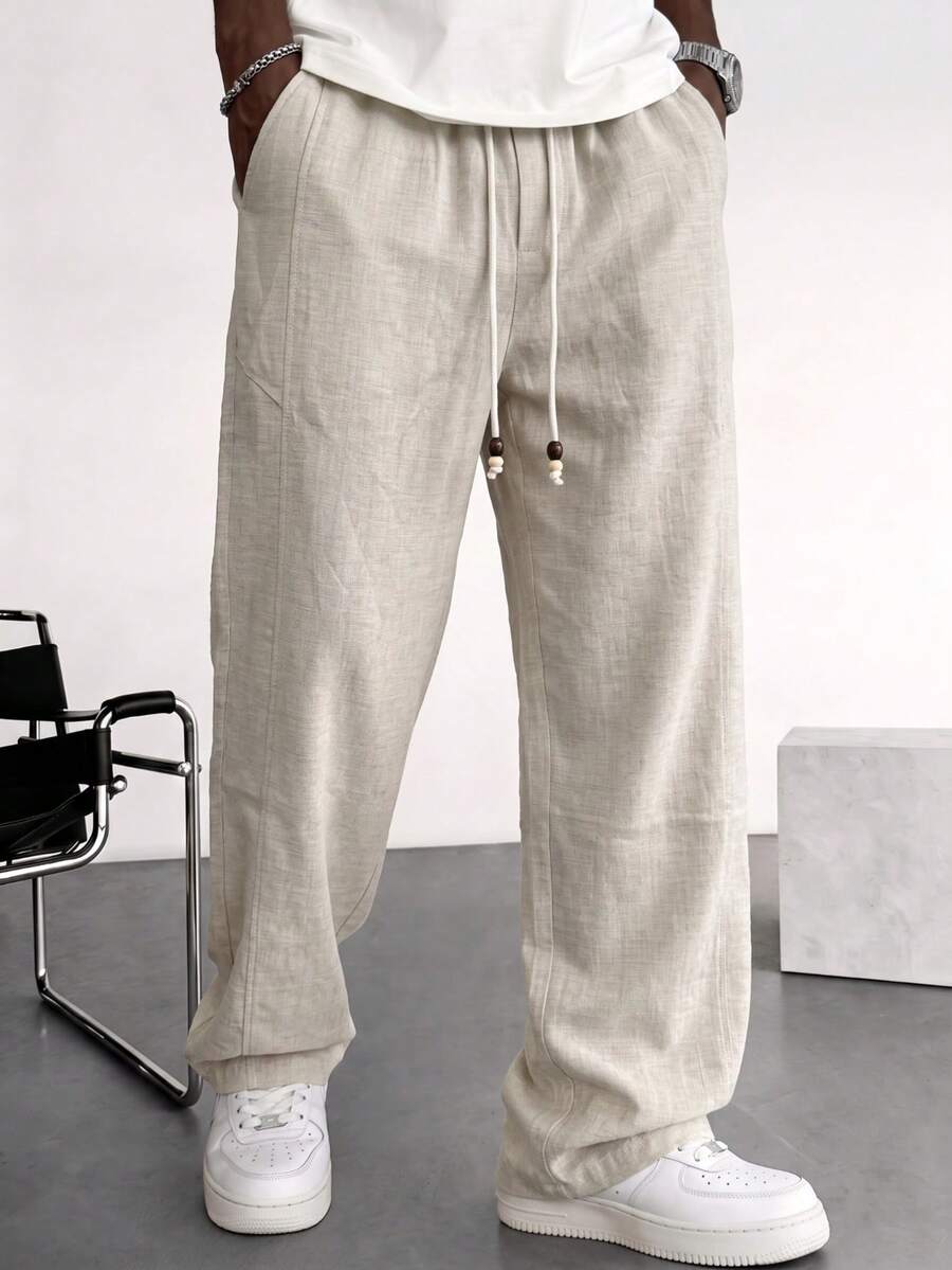 1pc Men's Apricot Faux Linen Drawstring Straight Leg Pants, Faux Linen Fabric, Soft And Comfortable, Casual Vacation And Daily Commute, Old Money Style - Apricot - View 1