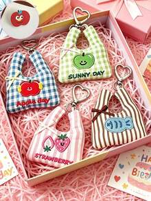 Embroidered Mini Handbag Pendant, Cute Fruit Plaid Bag Charm, Shopping Bag Pendant, Multi-Functional Backpack Accessory, Heart Buckle Keychain Bag Decoration, Holiday Gift, Birthday Gift, Shopping Bag Fruit Heart Buckle Hanging Rope, Girly Backpack Keychain Decoration Pendant, Back To School Essential Backpack Charm, Christmas Gift - Multicolor - View 1