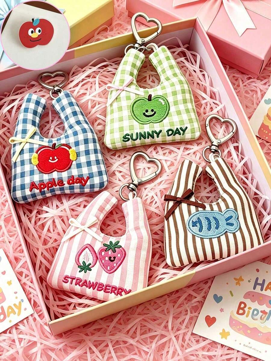 Embroidered Mini Handbag Pendant, Cute Fruit Plaid Bag Charm, Shopping Bag Pendant, Multi-Functional Backpack Accessory, Heart Buckle Keychain Bag Decoration, Holiday Gift, Birthday Gift, Shopping Bag Fruit Heart Buckle Hanging Rope, Girly Backpack Keychain Decoration Pendant, Back To School Essential Backpack Charm, Christmas Gift - Multicolor - View 1