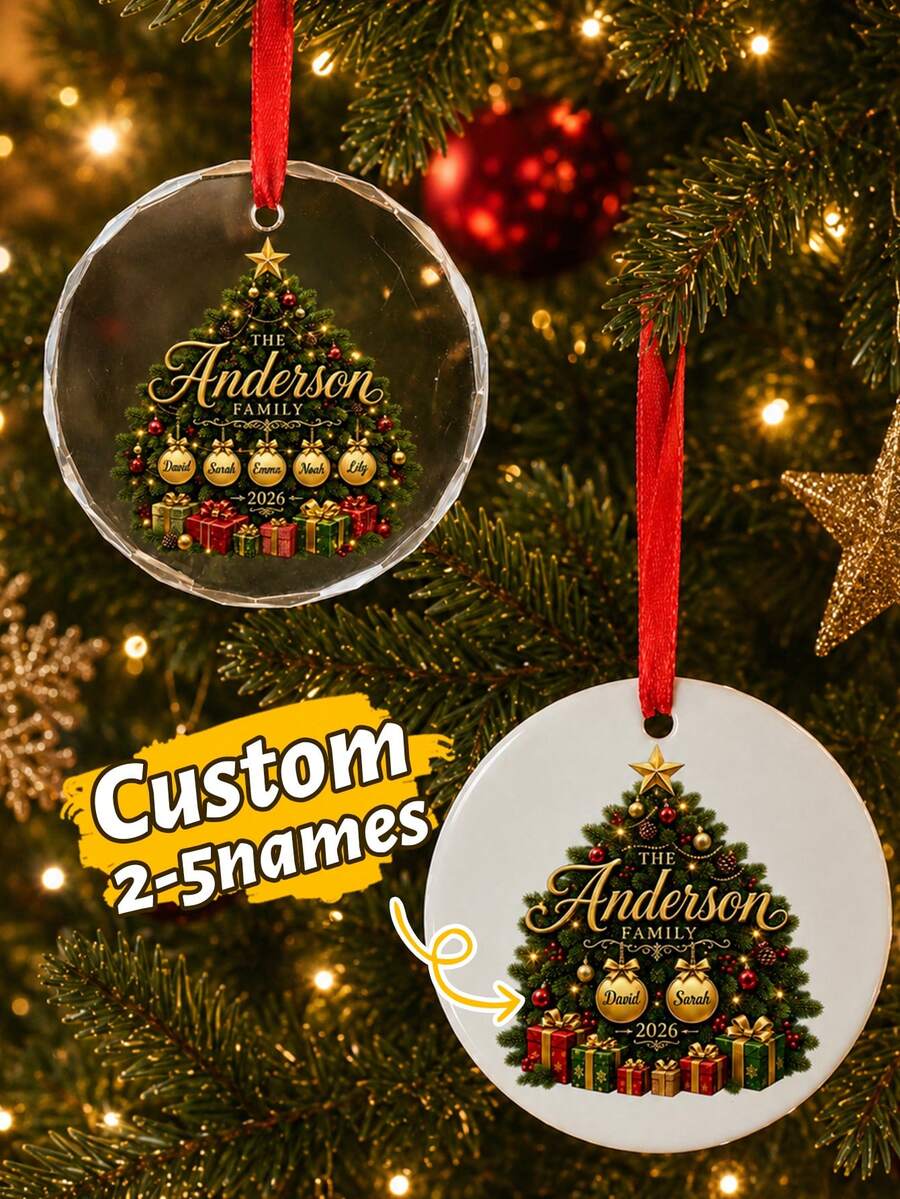 Custom Festive Christmas Tree Ornament, Personalized Family Name Labels, Merry Christmas Tree Hanging Decor For Gift Giving And Holiday Party Favors, Customized Xmas Family Tree Ornament With 2-5 Names, Customizable Holiday Keepsake Gift. - Style B - View 1