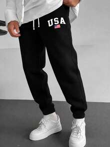 [Men's Plus Size] Spring/Summer New Men's Casual Pants, Knitted Elastic Waistband Drawstring Sweatpants, Letter Print Pattern, Suitable For Outdoor Activities And Jogging - Black - View 1