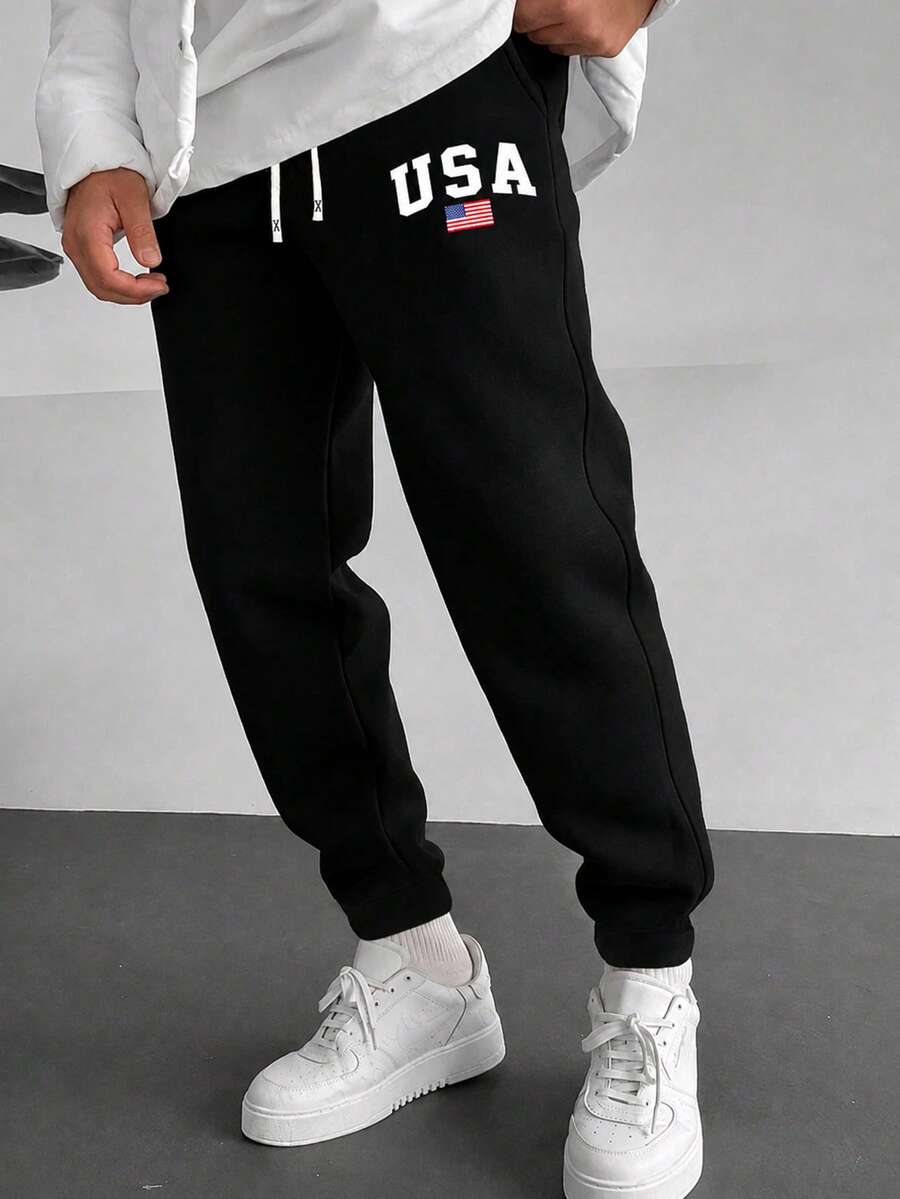 [Men's Plus Size] Spring/Summer New Men's Casual Pants, Knitted Elastic Waistband Drawstring Sweatpants, Letter Print Pattern, Suitable For Outdoor Activities And Jogging - Black - View 1