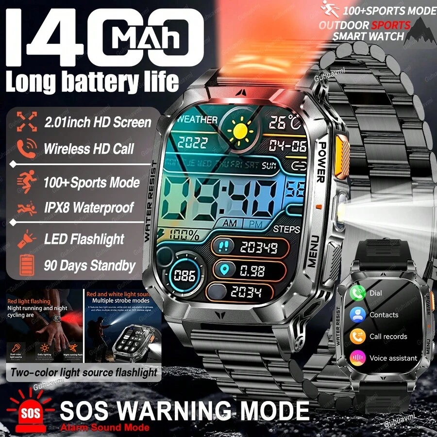 GUHUAVMI 2026 New Outdoor Sports Smart Watch For Men, 1400mAh Ultra-Large Battery, 90 Days Standby, With Powerful LED Flashlight, 2.01-Inch HD Full Touch Screen, IPX8 Waterproof, Bluetooth Calling, Voice Assistant, Reminder Functions, 100+ Sports Modes, Fitness Tracking, Men's Sports Smart Watch, Compatible With IPhone And Android, Suitable For Outdoor Hiking, Camping, Cycling And More