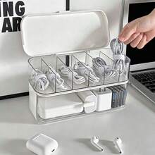 1pc Single/Double Layer Transparent Desktop Cable Organizer Box With Dust-Proof Lid, Compartment Storage Box For Charging Cables, Chargers, Power Cords, Earphones, Power Banks, Batteries, Home Office Dorm Desktop Storage - White - View 2