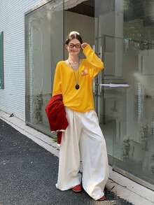 Women's V-Neck Long Sleeve T-Shirt, Loose Casual Fit, Minimalist Star & Letter Print Base Layer Top For Autumn - Yellow - View 5